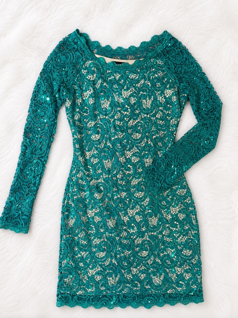 Sequin Hearts Emerald Green Lace Bodycon Dress Medium | Long Sleeve Cocktail